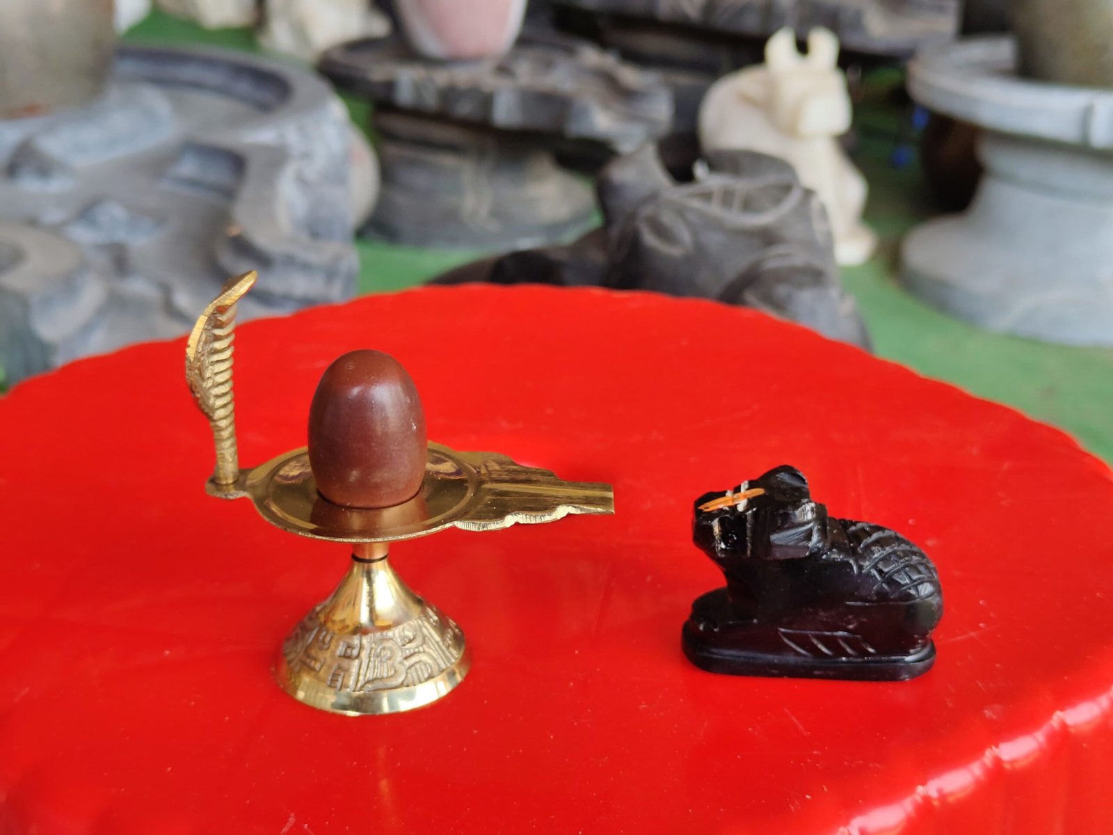 Original 1.5 Inch Natural Narmadeshwar Shivling with Premium Brass Jaladhari, Brass Nag & Black Stone Nandi Idol