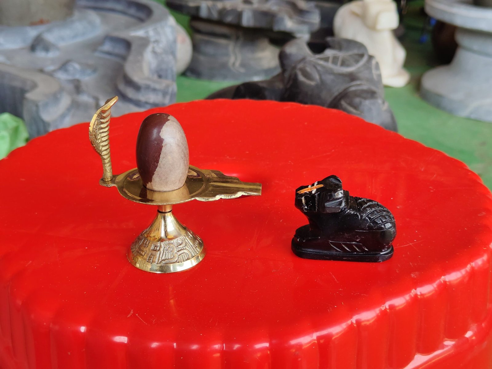 Original 1.5 Inch Dual Shade Narmadeshwar Shivling with Premium Brass Jaladhari & Handcrafted Nandi Idol