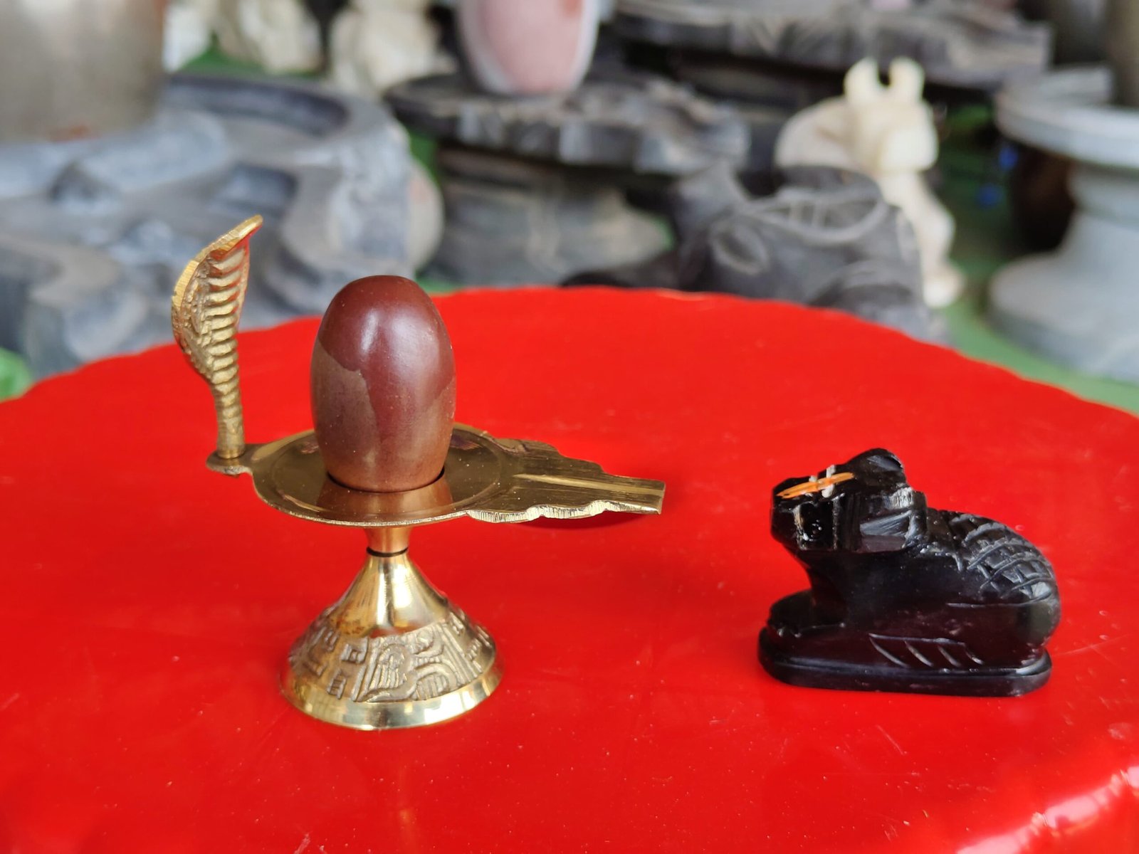 Original 1.5 Inch Reddish Brown Narmadeshwar Shivling with Premium Brass Jaladhari & Handcrafted Nandi Idol