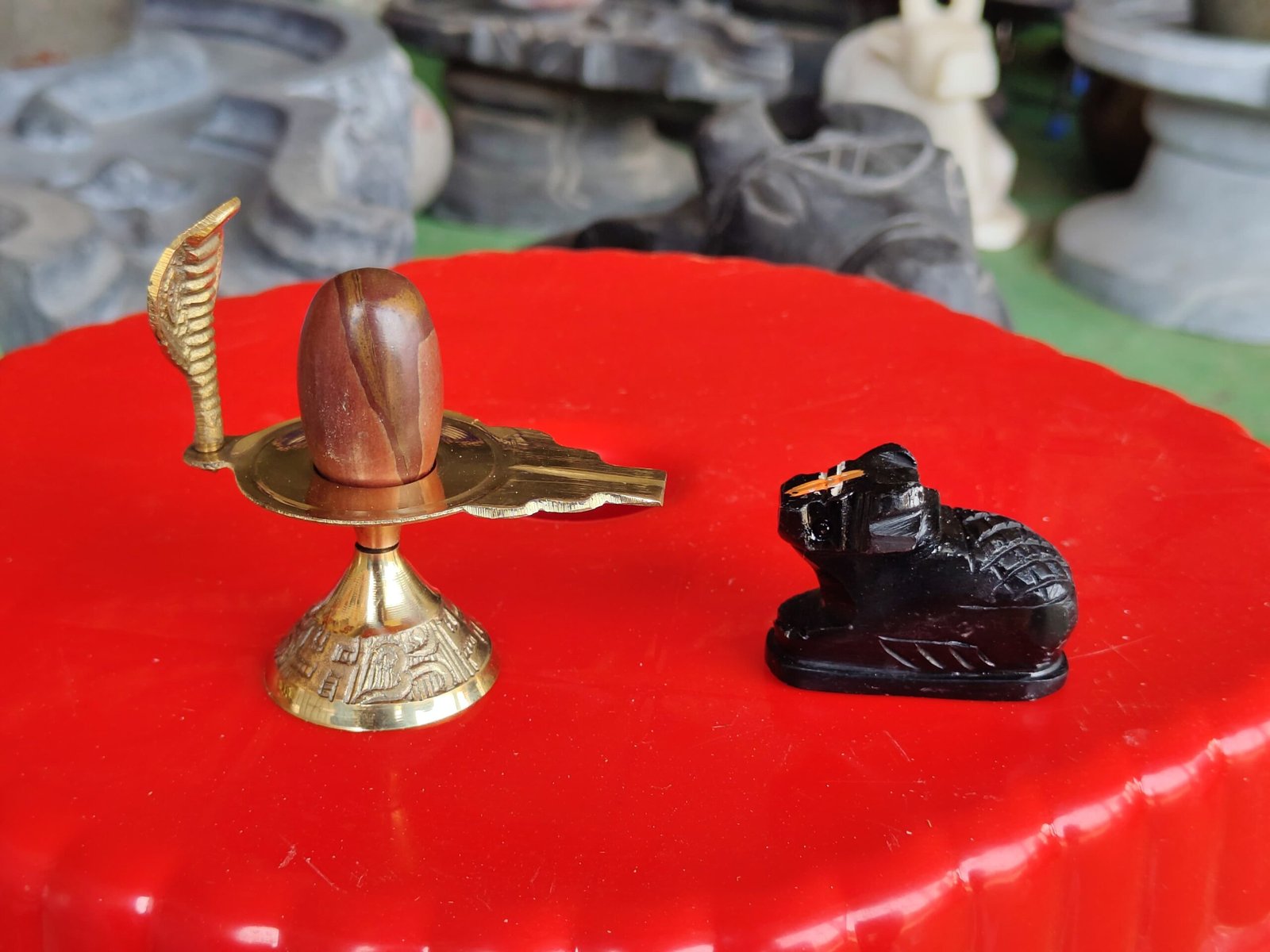 Original 1.5 Inch Natural Narmadeshwar Shivling with Premium Brass Jaladhari & Black Stone Nandi Idol