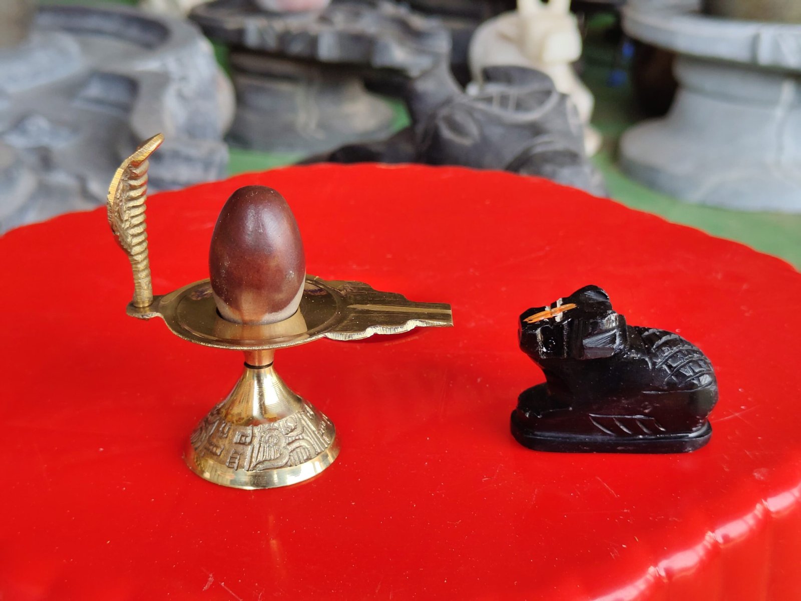 Original 1.5 Inch Dual Tone Narmadeshwar Shivling with Premium Brass Jaladhari & Handcrafted Nandi Idol