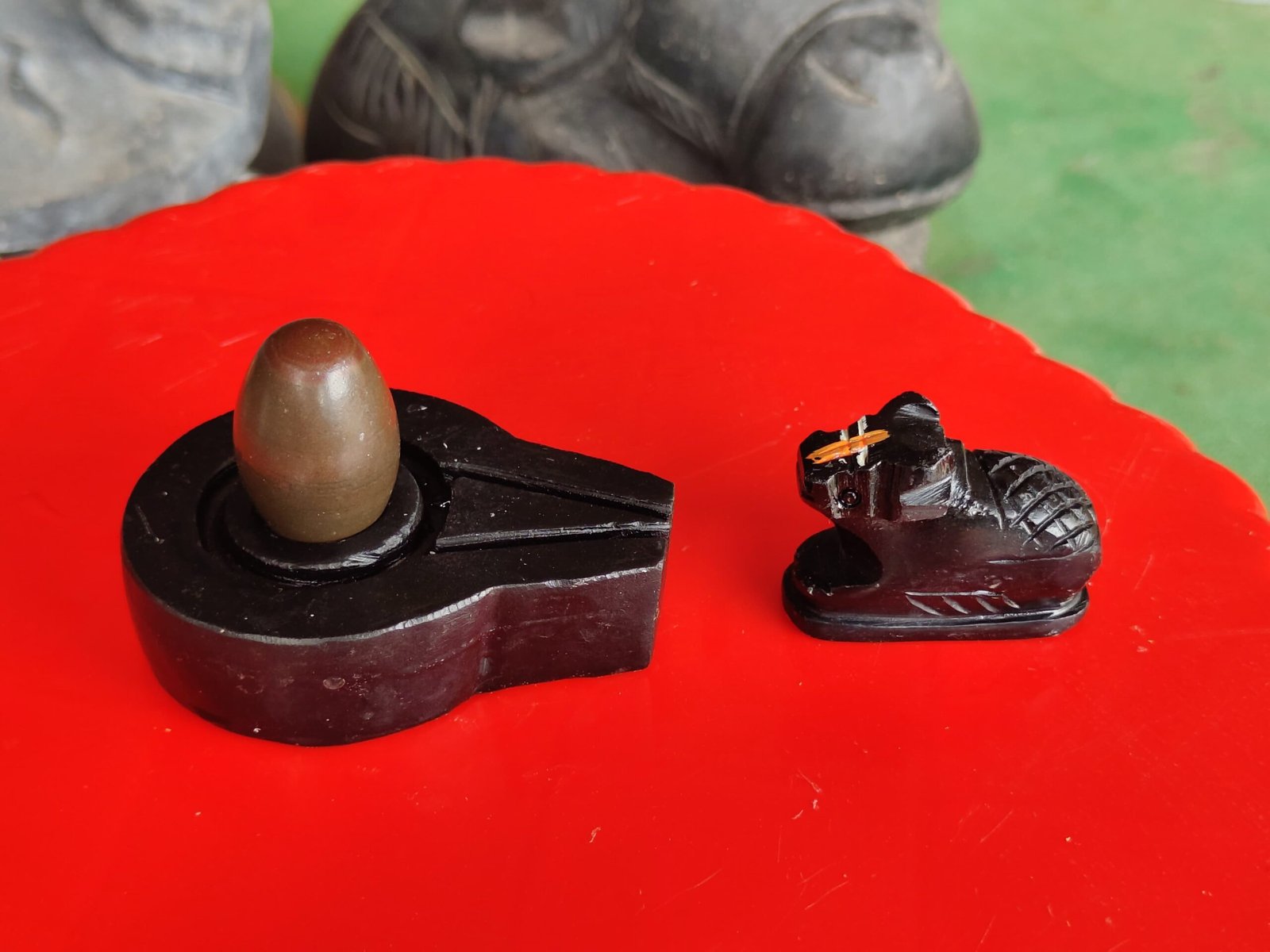Original 1.5 Inch Narmadeshwar Shivling with 3 Inch Premium Black Stone Jaladhari & Nandi – Natural Olive Brown Finish