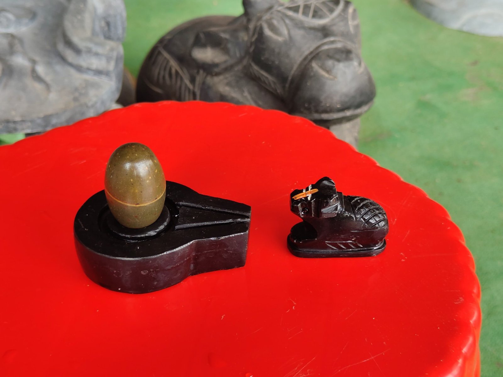 Original 1.5 Inch Narmadeshwar Shivling with 3 Inch Premium Black Stone Jaladhari & Nandi – Natural Olive Green Finish