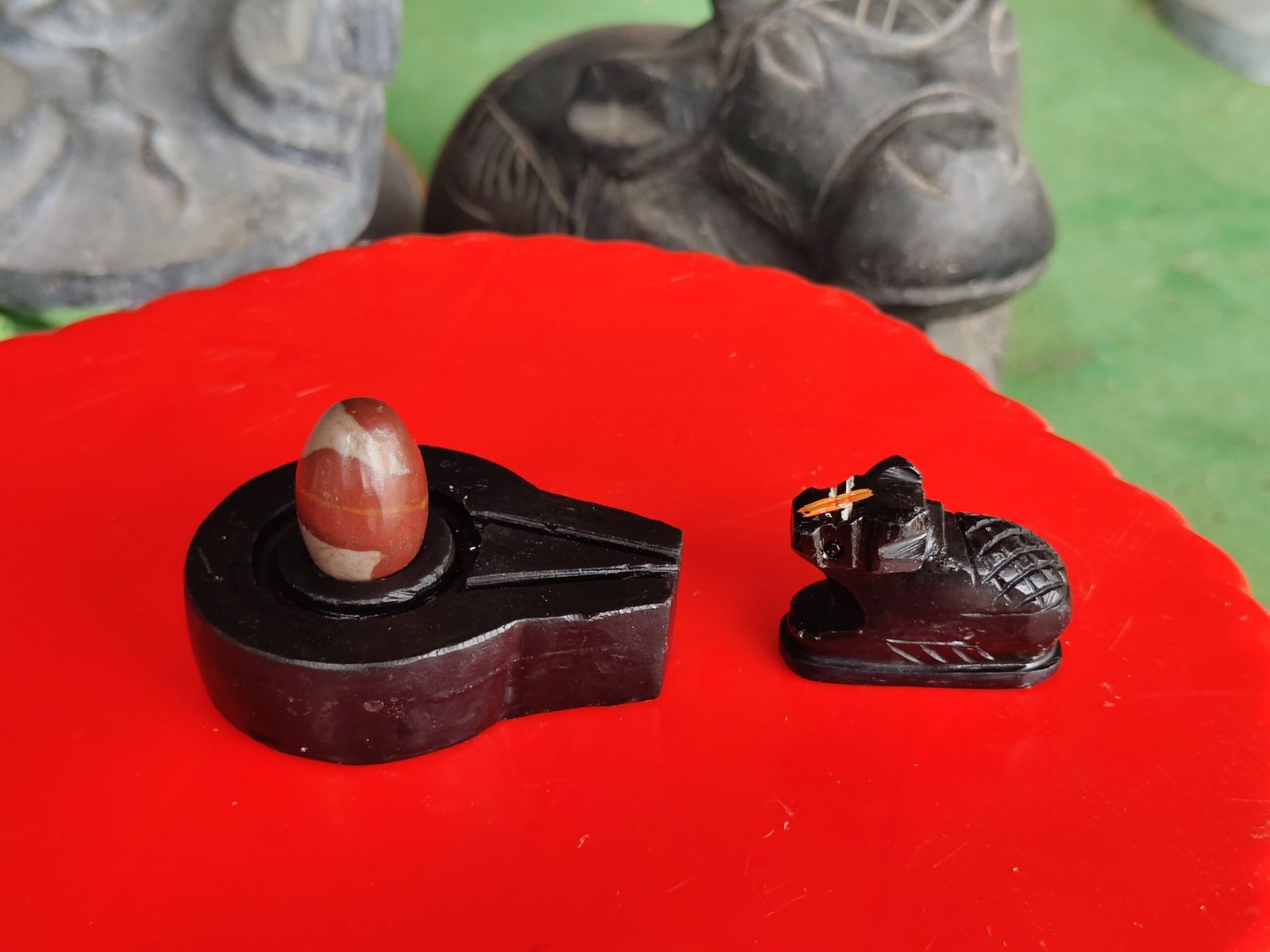 Original 1.5 Inch Narmadeshwar Shivling with 3 Inch Premium Black Stone Jaladhari & Nandi – Natural Trishul Pattern