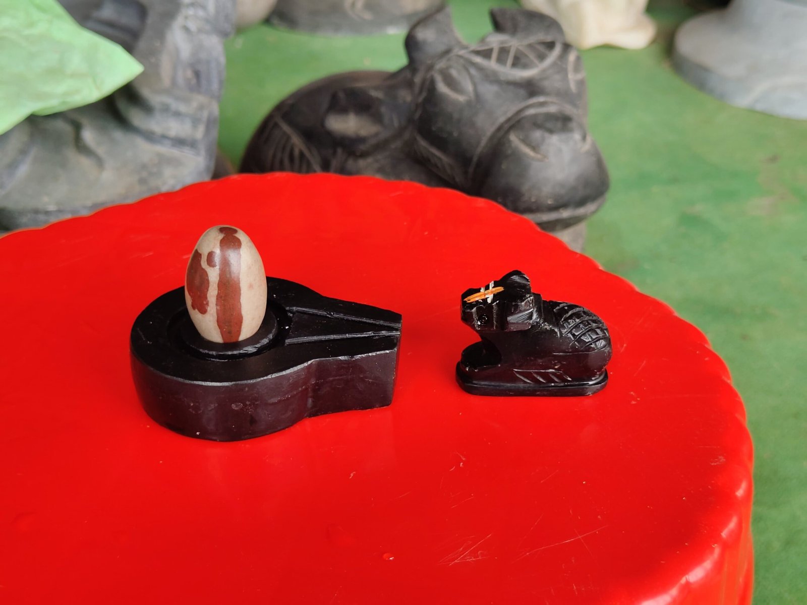 Original 1.5 Inch Narmadeshwar Shivling with 3 Inch Premium Black Stone Jaladhari & Nandi – Natural Trinetra Pattern