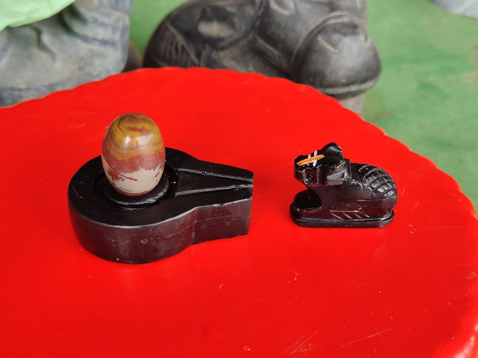 Original 1.5 Inch Narmadeshwar Shivling with 3 Inch Premium Black Stone Jaladhari & Nandi – Natural Multicolor Layered Finish