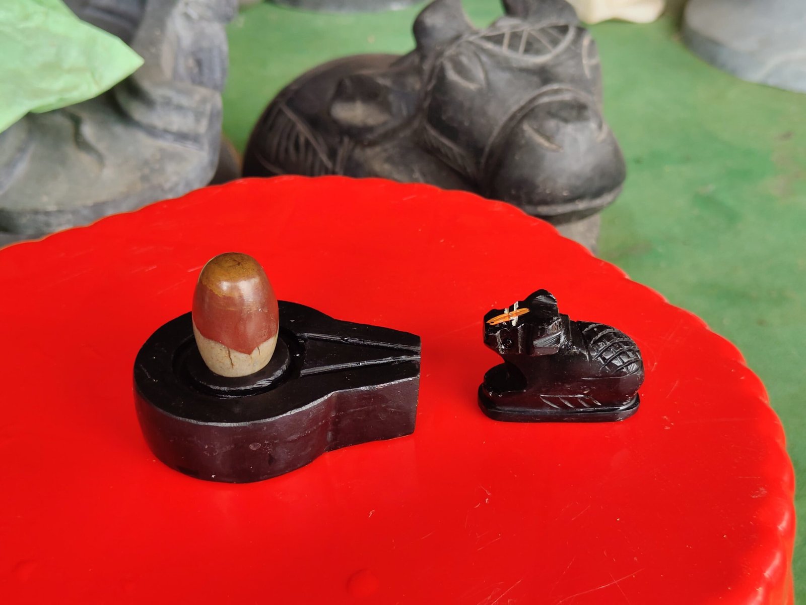 Original 1.5 Inch Narmadeshwar Shivling with 3 Inch Premium Black Stone Jaladhari & Nandi – Natural Dual Tone Finish