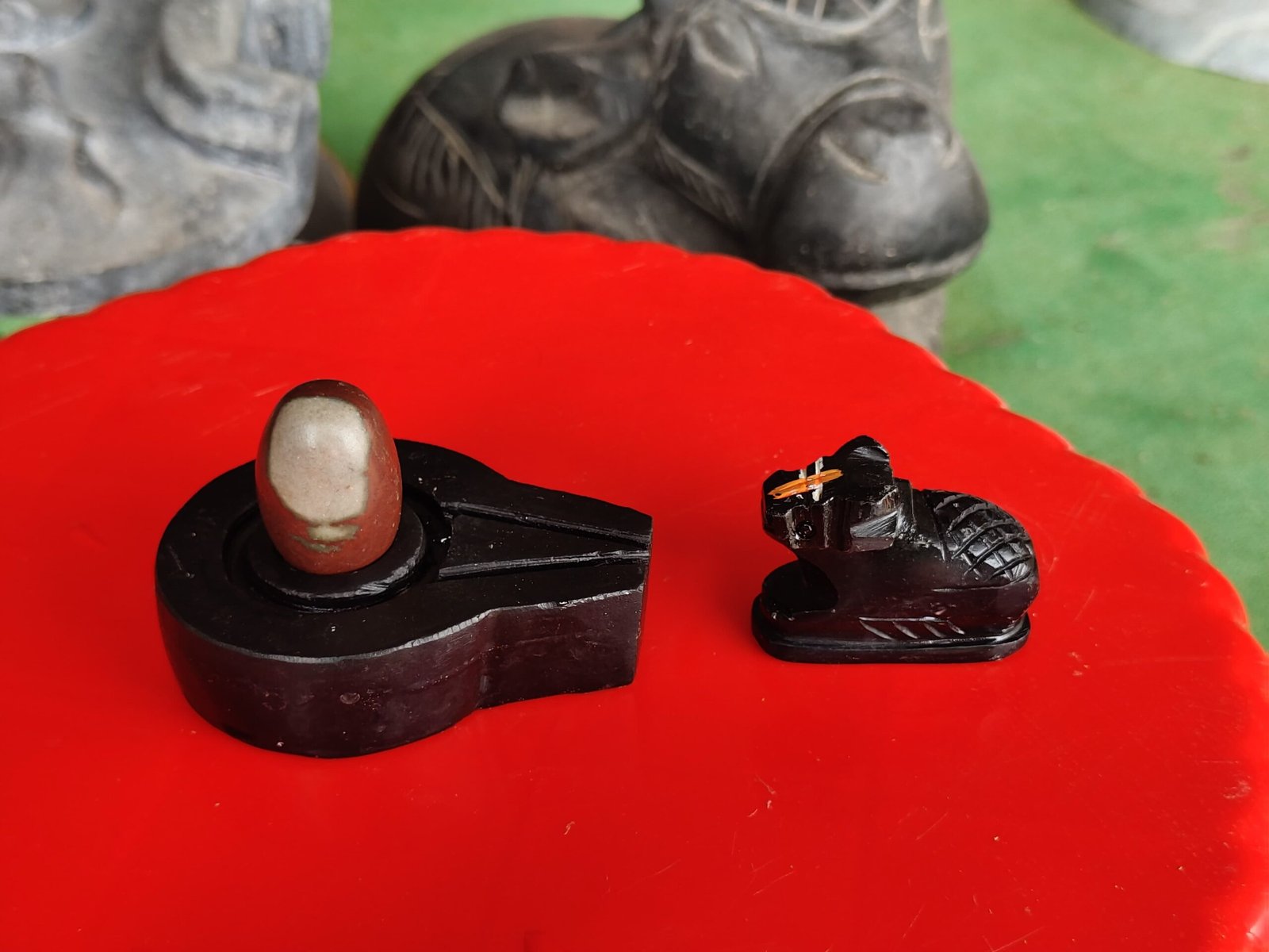 Original 1.5 Inch Narmadeshwar Shivling with 3 Inch Premium Black Stone Jaladhari & Nandi – Natural Ardhachandra Finish